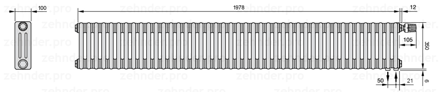 Схема (чертеж) Радиатор Zehnder Charleston 3035/43 №V002 Белый глянцевый RAL 9016